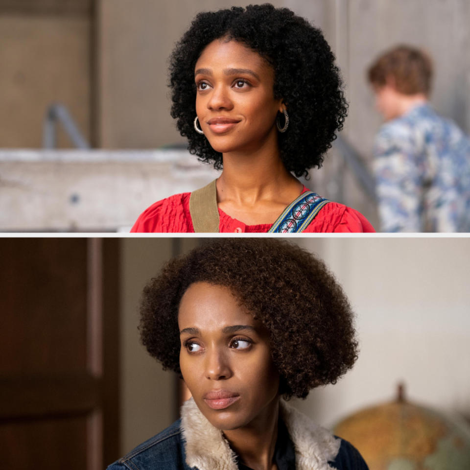 Kerry Washington and Tiffany Boone in scenes from TV shows, dressed in casual outfits