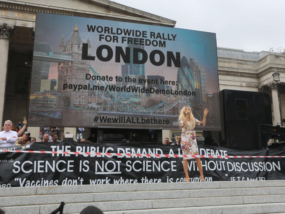 Kate Shemirani speaking at an anti-vaxx protest in London on 24 July 2021 (Anadolu Agency via Getty Images)