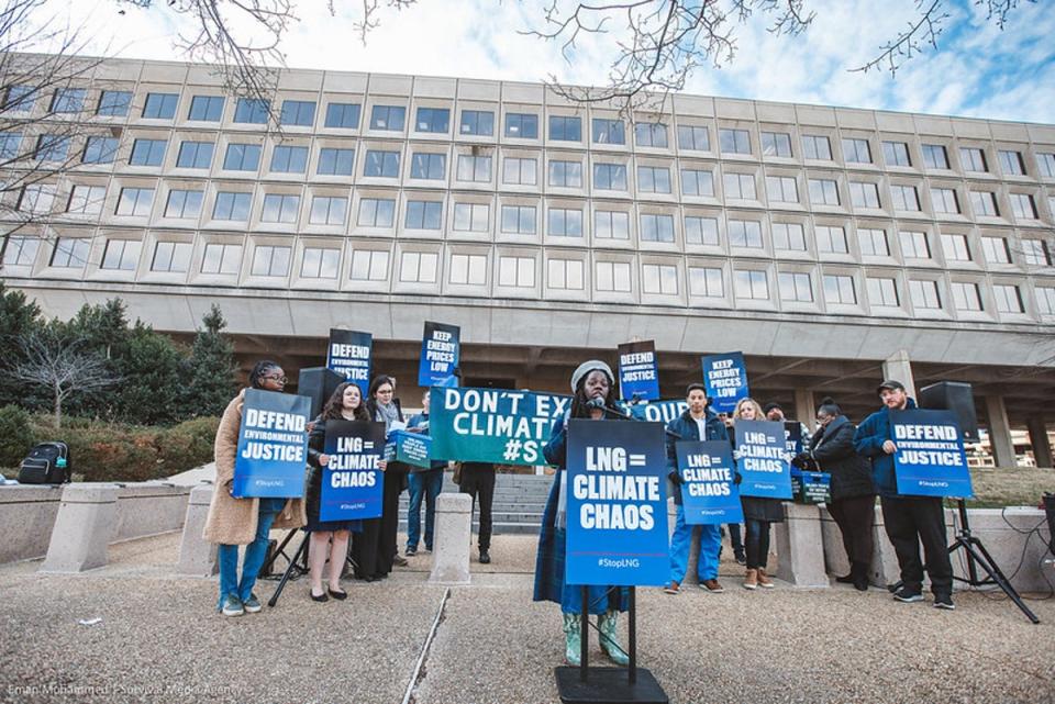 Frontline activists from Louisiana and national environmental organizations gather outside the Department of Energy in November 2023 to deliver 200,000+ petition signatures demanding the Biden administration halt permitting and construction of over 20 proposed liquefied natural gas (LNG) export facilities across the Gulf region (Eman Mohammed | Survival Medi)