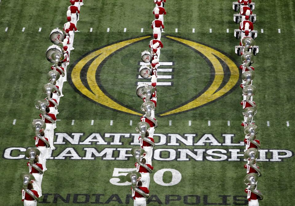 Alabama Crimson Tide band plays Monday, Jan. 10, 2022, before the College Football Playoff National Championship against Georgia at Lucas Oil Stadium in Indianapolis.