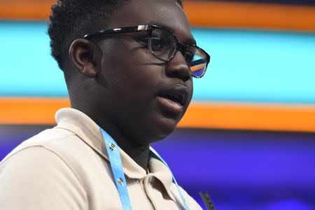 May 31, 2017; National Harbor, MD, USA; Gabriel Ennin spelled the word tragedian (actor who specializes in tragic roles) correctly during the 2017 Scripps National Spelling Bee at the Gaylord National Resort and Convention Center. Mandatory Credit: Jack Gruber-USA TODAY NETWORK