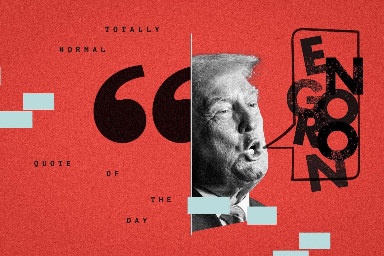 An image of Donald Trump with a word bubble that says "Engoron," the name of the judge presiding over the civil trial against Trump in New York.