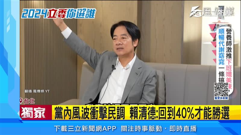 賴清德坦言，民調再回到40%以上，才有辦法贏得選舉。（圖／翻攝自風傳媒YT）