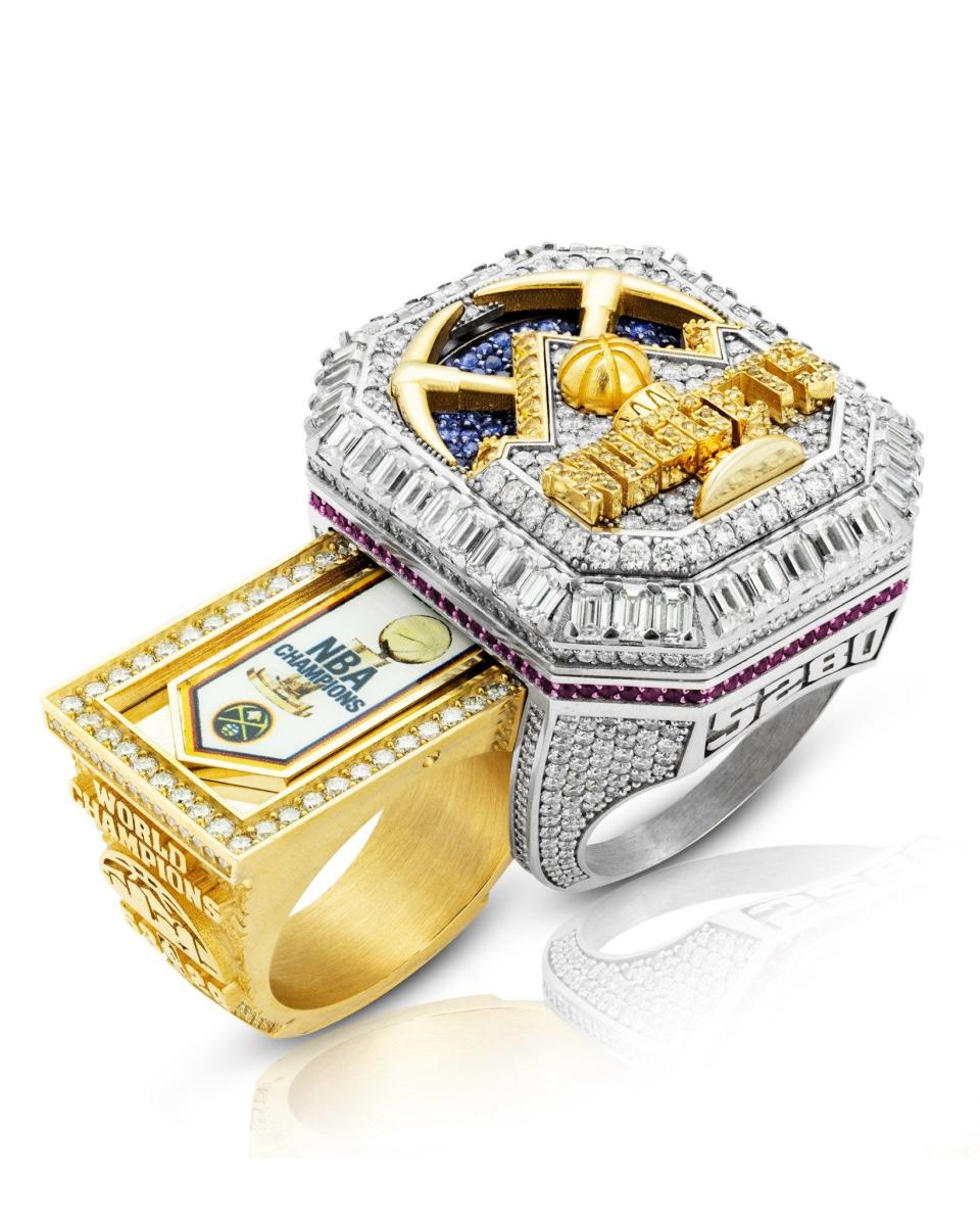 A view of the Denver Nuggets' 2023 NBA championship rings, created in collaboration with Jason of Beverly Hills.