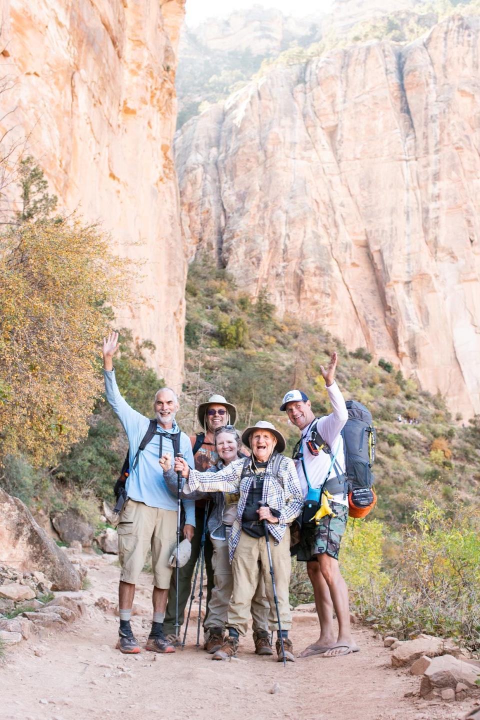 Alfredo Aliaga Burdio, 92, is pictured during his 24-mile rim-to-rim hike of the Grand Canyon on Oct.14 and 15, 2023, along with (from left to right) witness Peter Todd, son-in-law Jurgen Buchenau, daughter Anabel Aliaga-Buchenau, and witness Julian Coiner.