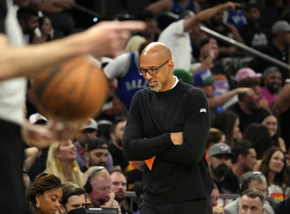 May 15, 2022; Phoenix, Arizona, USA; Phoenix Suns head coach Monty Williams reacts during their loss to the Dallas Mavericks in game seven of the second round for the 2022 NBA playoffs at Footprint Center.