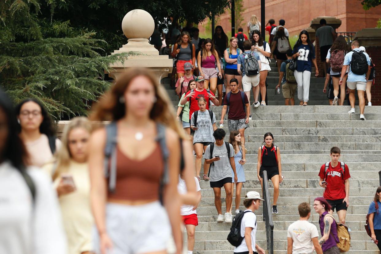 UGA students head to class on the first day of the fall semester in Athens, Ga., on Wednesday, Aug. 17, 2022. UGA is ranked No. 37 on MilitaryTimes' list of best schools for veterans.