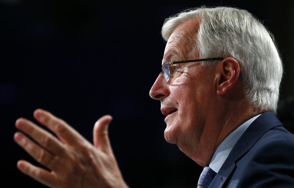 European Union's chief Brexit negotiator Michel Barnier speaks during a media conference, following the third round of Brexit talks between the EU and Britain, at EU headquarters in Brussels, Friday, May 15, 2020. Talks between the European Union and the United Kingdom on their future relationship in the wake of Brexit have ground to a near-standstill despite the urgency for progress before a summit next month.(Francois Lenoir, Pool Photo via AP)