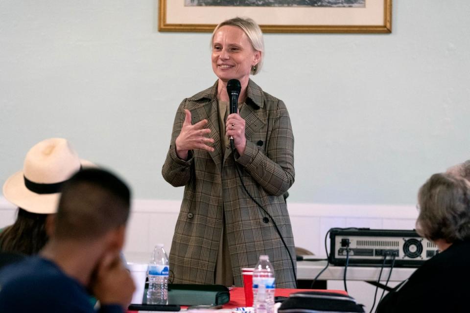 Indiana congreswoman Victoria Spartz speaks to a crowd. She is now facing a House Ethics Committee investigation after staffers alleged a toxic workplace. (AP)