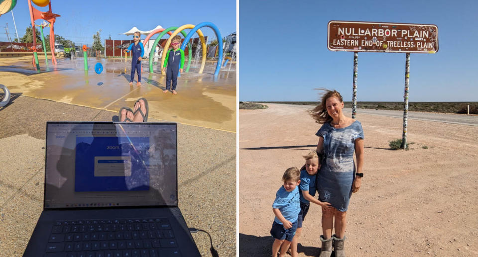 Left: Brent working from laptop while kids play in waterpark. Right: Michelle Crysell and kids standing by Nullarbor Plain sign. 