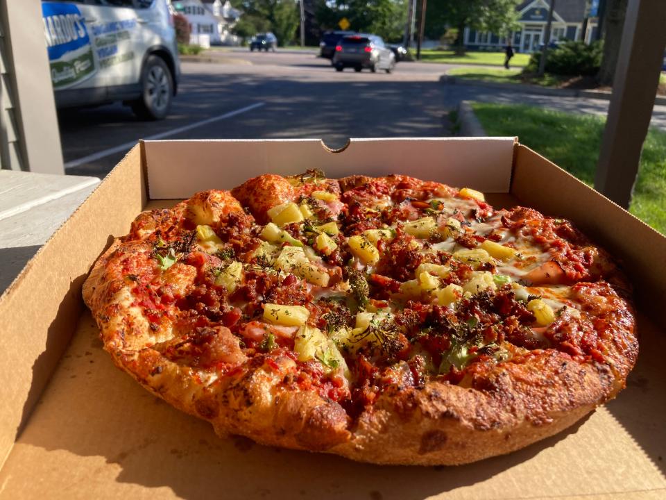 A Hawaiian Island Delight pizza from Leonardo's Pizza on Williston Road in South Burlington, shown Aug. 22, 2023.