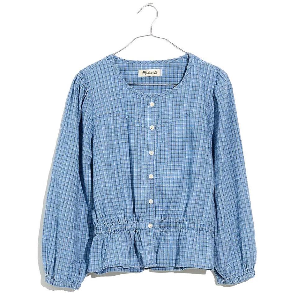 10) Chambray Puff-Sleeve Peplum Top