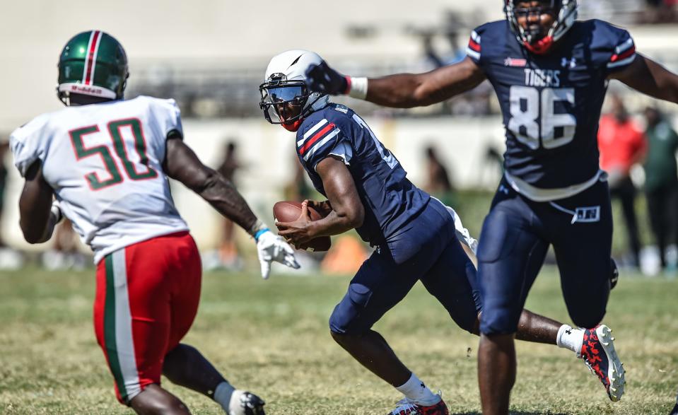 Jackson State QB Shedeur Sanders (2) runs the ball during an NCAA college football game against Mississippi Valley State in Jackson, Miss., Saturday, Sept. 24, 2022. 