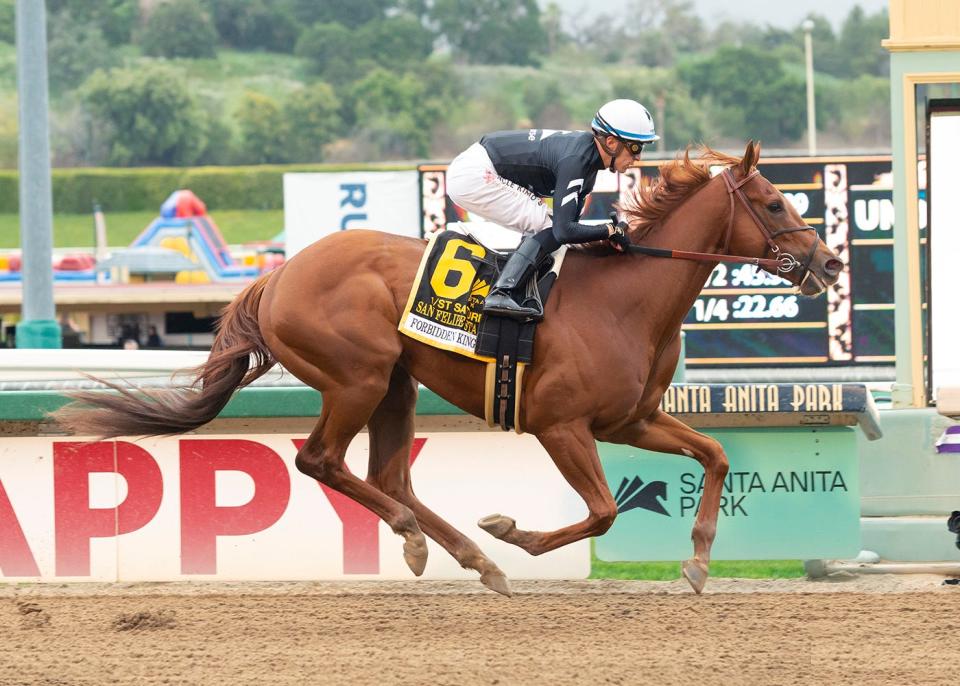 Forbidden Kingdom and jockey Juan Hernandez win Saturday's $400,000, Grade 2 San Felipe at Santa Anita Park.