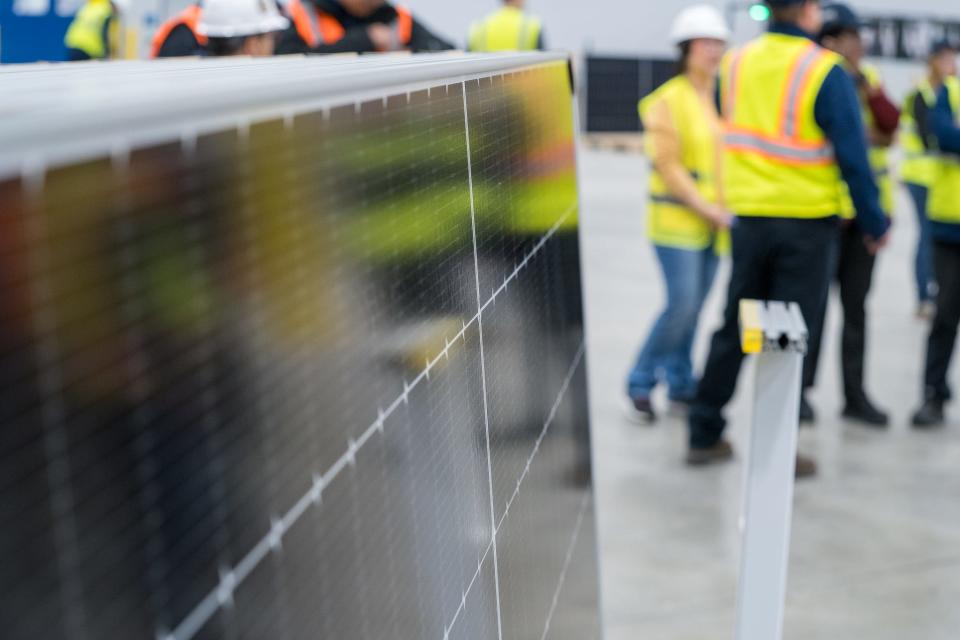 Some of the first solar panels made at Illuminate USA's Pataskala factory, start production on Thursday, Feb. 15. Illuminate USA will eventually make 9.2 million solar panels annually.