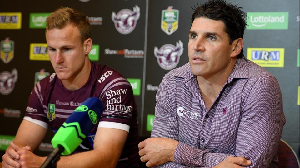 Manly captain Daly Cherry-Evans and coach Trent Barrett face the press after another NRL loss