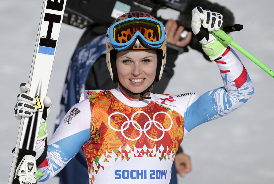 Austria's Anna Fenninger pauses in the finish area after competing in the women's super-G at the Sochi 2014 Winter Olympics, Saturday, Feb. 15, 2014, in Krasnaya Polyana, Russia.(AP Photo/Gero Breloer)