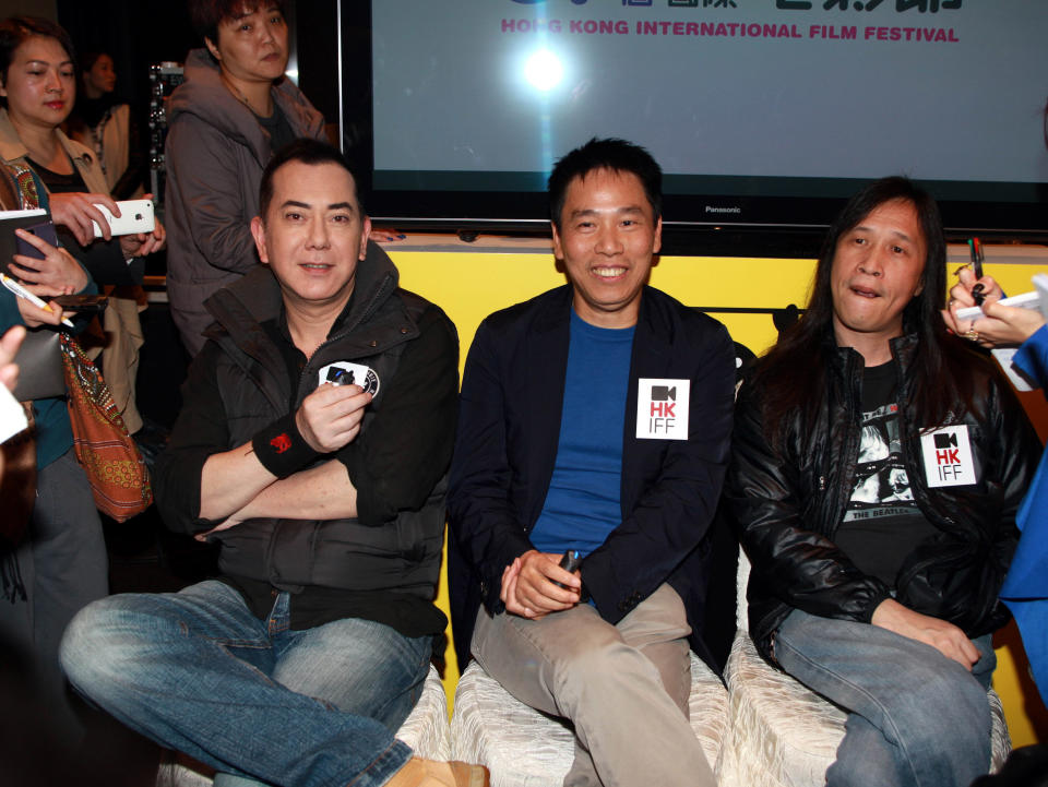 In this Feb. 21, 2013 photo released by China's Xinhua News Agency, from right to left: director of opening film "Ip Man: The Final Fight" Herman Yau Lai-To, producer Xian Guo-lin, actor Anthony Wong attend a press conference of the 37th Hong Kong International Film Festival in Hong Kong. "Ip Man: The Final Fight," about the latter years of the Wing Chun master Ip Man, will open the Hong Kong International Film Festival that starts March 17. (AP Photo/Xinhua, Jin Yi) NO SALES