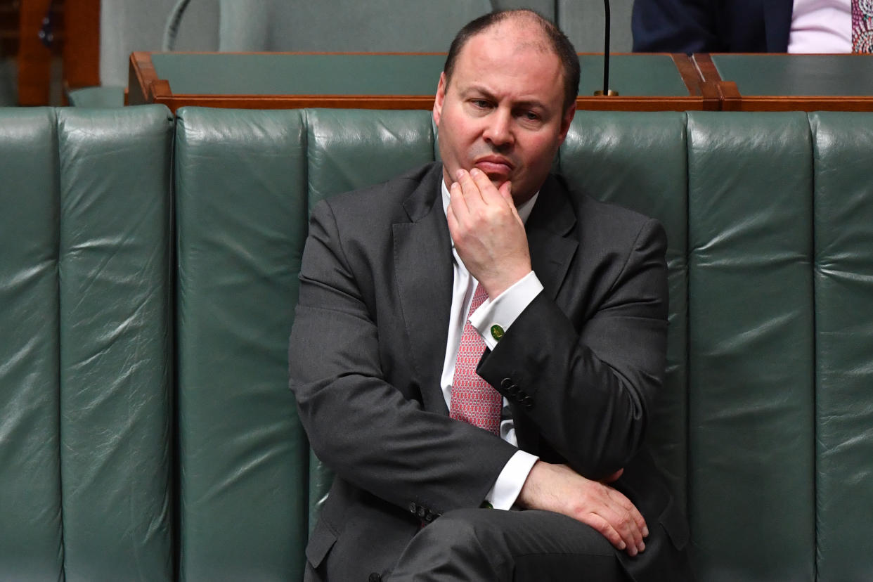 CANBERRA, AUSTRALIA - AUGUST 25:  Treasurer Josh Frydenberg during Question Time in the House of Representatives at Parliament House on August 25, 2020 in Canberra, Australia. The federal aged care royal commission has criticised the Morrison government for failing to establish independent monitoring and reporting of aged care quality outcomes during the pandemic. Prime Minister Morrison acknowledged in the House of Representatives what happened in Victoria was “not good enough” insisting the government had a plan to minimise the risk of outbreaks as the performance during the pandemic dominated the first week of federal parliament sitting since June. (Photo by Sam Mooy/Getty Images)