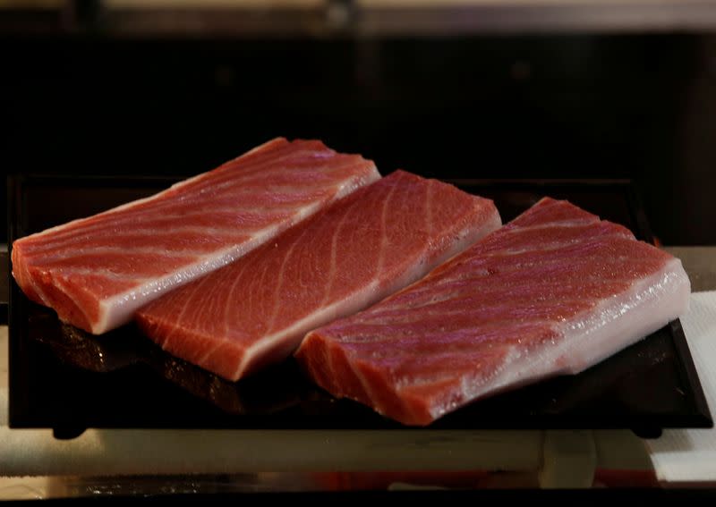 FILE PHOTO: Meat from a 278kg bluefin tuna, priced with a bid over $3 million at Toyosu fish market's first tuna auction of the year, is pictured at Sushi Zanmai restaurant in Tokyo, Japan