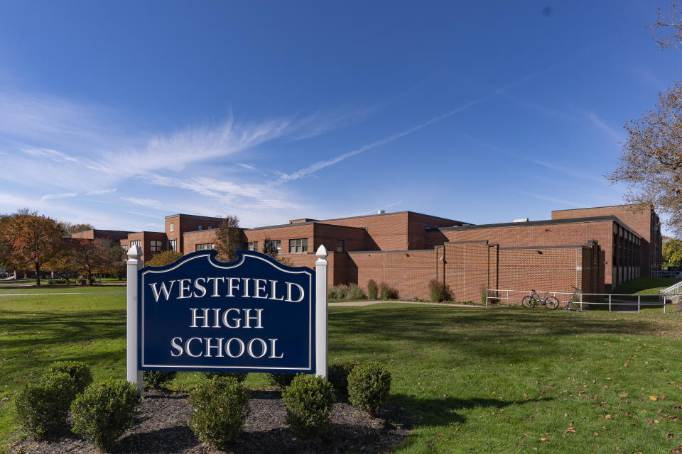 Westfield High School in Westfield, N.J. is shown on Wednesday, Nov. 8, 2023. AI-generated nude pictures were created using the faces of some female students at the school and then circulated among a group of friends on the social media app Snapchat. (AP Photo/Peter K. Afriyie)