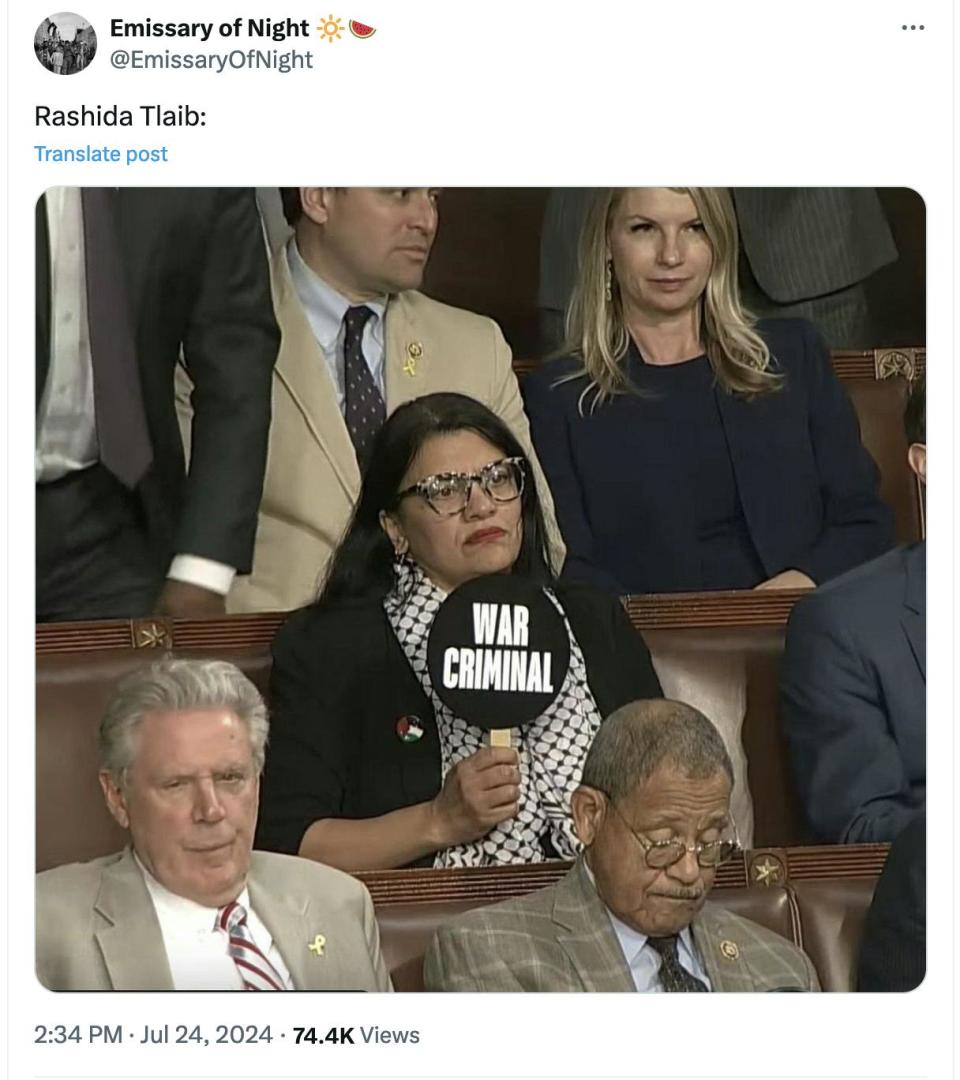 Twitter screenshot Emissary of Night ���� @EmissaryOfNight Rashida Tlaib: (with a photo of Tlaib wearing a keffiyeh and holding up a paddle that reads "War Criminal")