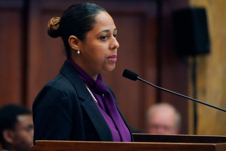 Rep. Zakiya Summers, D-Jackson, presents an amendment on the House floor at the Mississippi Capitol, Tuesday, Feb. 7, 2023, in Jackson. (AP Photo/Rogelio V. Solis)