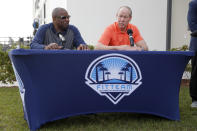 Houston Astros manager Dusty Baker, left, and owner Jim Crane speak during a news conference before the start of the first official spring training baseball practice for the team Thursday, Feb. 13, 2020, in West Palm Beach, Fla. (AP Photo/Jeff Roberson) ;