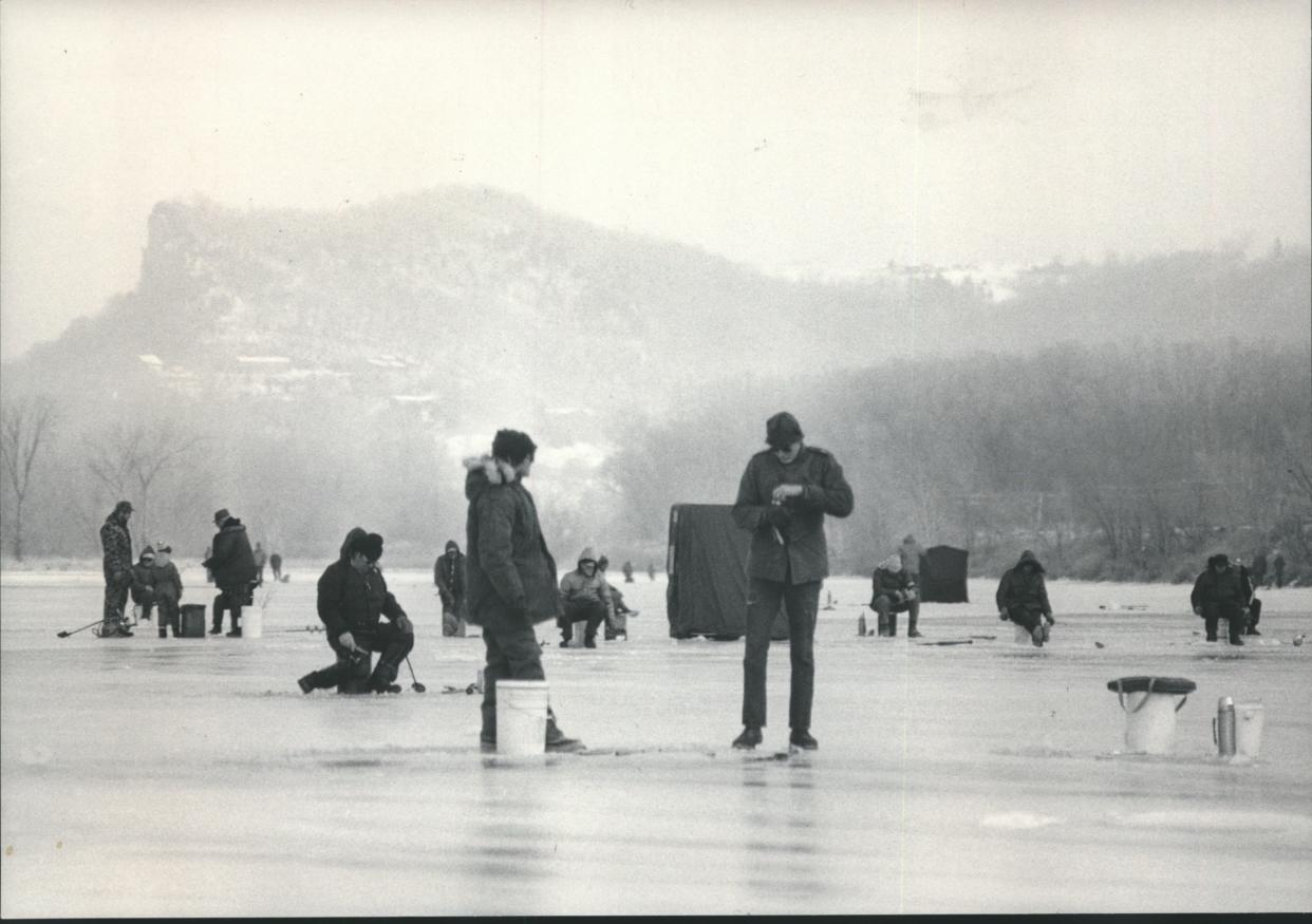 In this historical file photo, ice fishermen found safe ice on a Mississippi River backwater south of La Crosse.