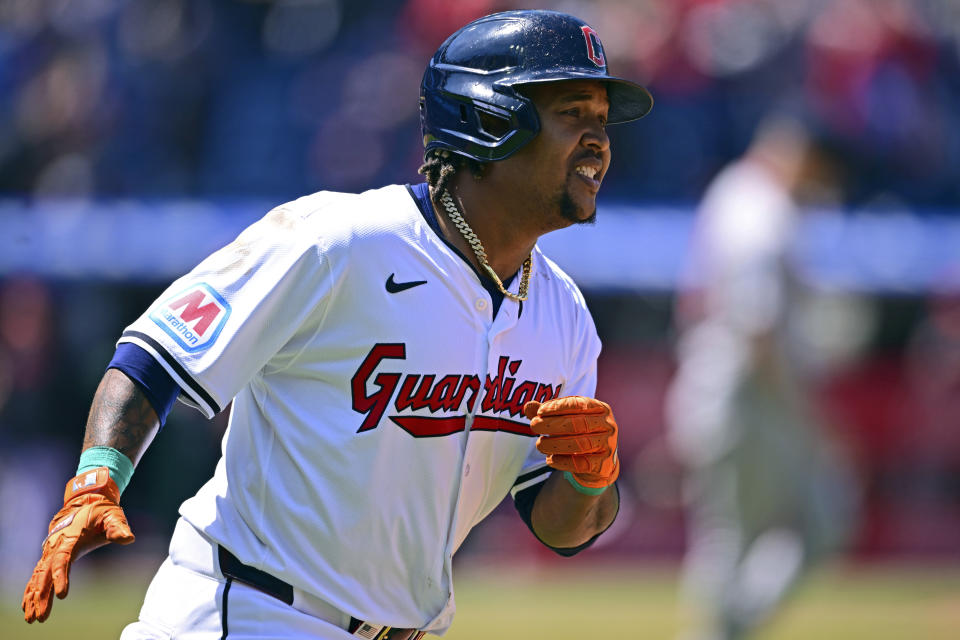 Cleveland Guardians' Jose Ramirez runs the bases after hitting a grand slam off Boston Red Sox starting pitcher Chase Anderson during the second inning of a baseball game, Thursday, April 25, 2024, in Cleveland. (AP Photo/David Dermer)