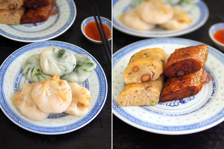 Enjoy soft 'chai kuih' with either a chives or sweeter yam bean filling (left). The Teochew 'guang jiang' is served either steamed or deep fried (right)