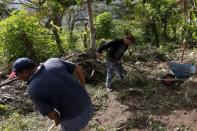 Cuban migrant Ismael Diaz, 46, an agricultural worker, (L) is pictured with Carlos Perez, 45, an economist, as they work on a private property in Paso Canoas on the border with Costa Rica March 22, 2016. REUTERS/Carlos Jasso