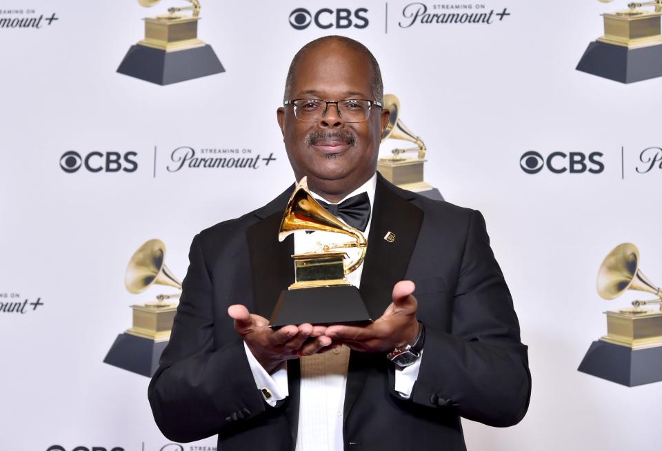 Scotty Barnhart poses in the press room with the award for best large jazz ensemble album for "Basie Swings The Blues" during the 66th annual Grammy Awards on Sunday, Feb. 4, 2024, in Los Angeles. Barnhart will be part of the Word of South festival April 26-28, 2024.