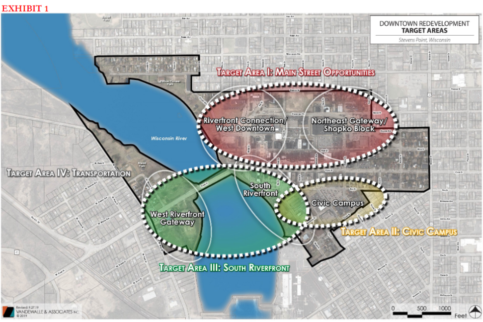 A map outlines the four downtown redevelopment target areas in the Downtown Targeted Area Master Plan.