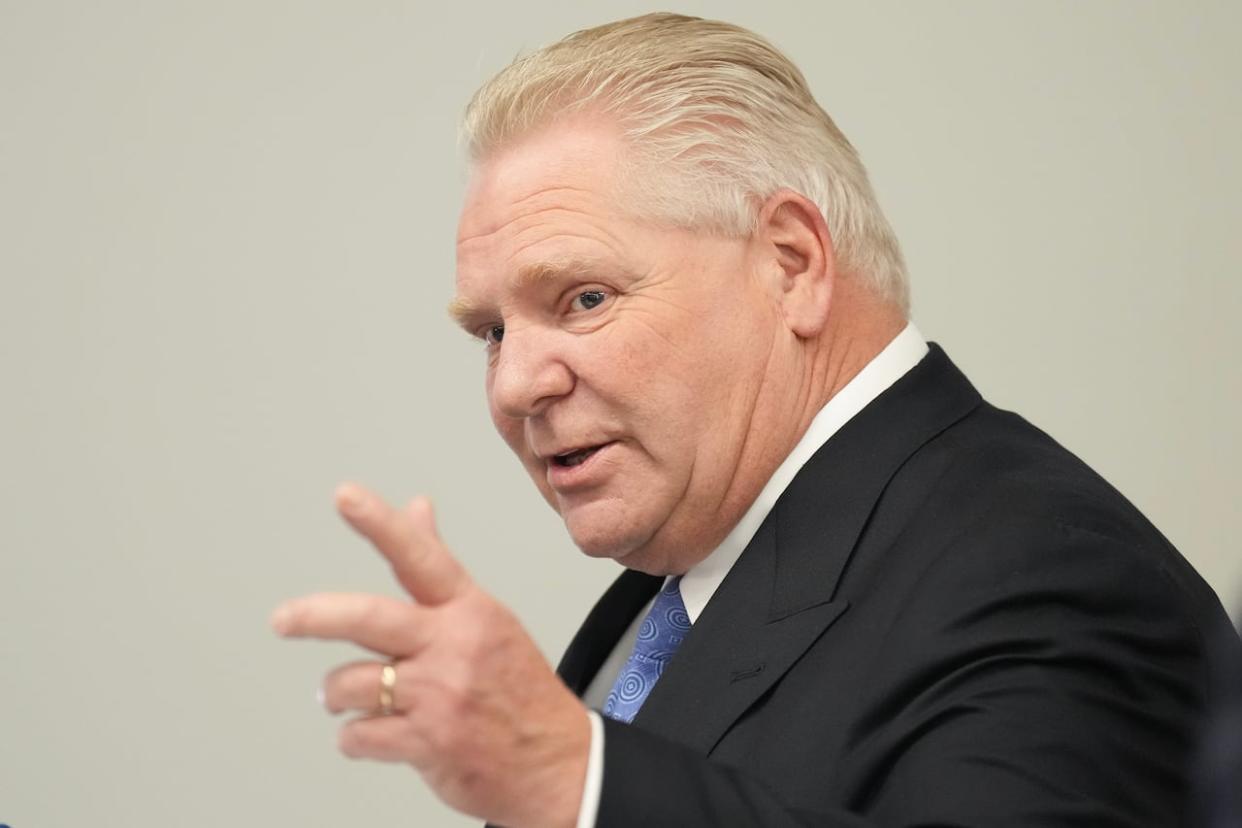 Ontario Premier Doug Ford is pictured here in Belleville, Ont., on Friday, March 1, 2024. On Wednesday, the premier said Durham Region will be getting a hospital but the province will determine the site. (Chris Young/The Canadian Press - image credit)