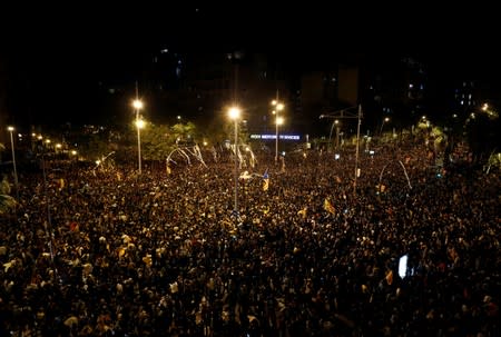 Separatists protest after a verdict in a trial over a banned Catalonia's independence referendum in Barcelona