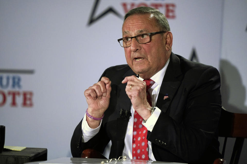 Republican Paul LePage participates in a gubernatorial debate, Tuesday, Oct. 4, 2022, at the Franco Center in Lewiston, Maine. LePage is challenging Democratic Gov. Janet Mils. (AP Photo/Robert F. Bukaty)