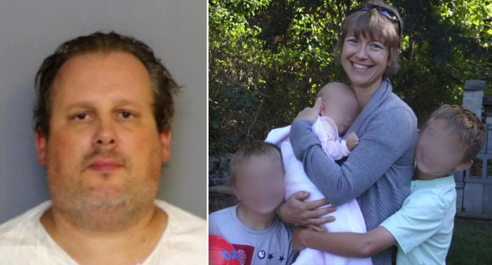 A mugshot showing Anthony Todt alongside a Facebook photo of Megan Todt and their three children. 