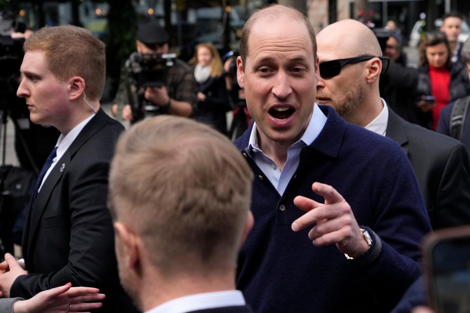 Britain's Prince William arrives at a food market March 23, 2023, to meet with groups of young Ukrainian refugees, who since fleeing Ukraine have settled in Warsaw, Poland.