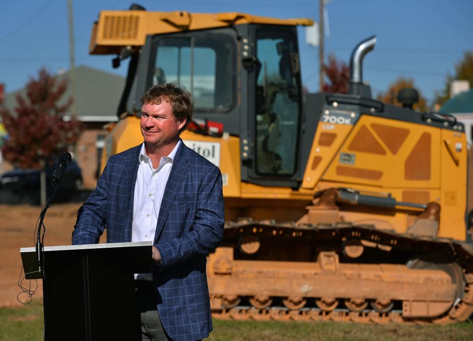 A groundbreaking ceremony was held for The Hub, at the new space along N. Church Street in Spartanburg, Wednesday, November 10, 2021. Developer Michael Fletcher, with Fletcher Development, speaks during the ceremony. The space, in the previous Sunshine Inn location, announced tenants for the location, including Wofford College's bookstore and Moe's Original BBQ, with others to come.