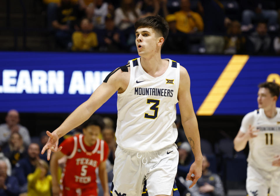 MORGANTOWN, WV - MARCH 02: Kerr Kriisa #3 of the West Virginia Mountaineers reacts after hitting a three against the Texas Tech Red Raiders in the first half at the WVU Coliseum on March 2, 2024 in Morgantown, West Virginia. (Photo by Justin K. Aller/Getty Images)