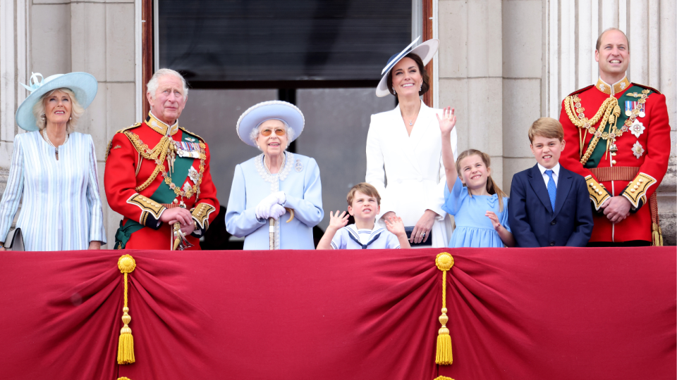 The Royal Family including The Queen standing on the balcony watching Trooping the Colour.