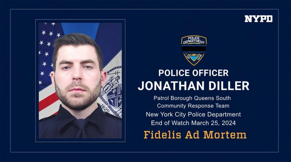 This photo provided by the New York City Police Department shows police officer Jonathan Diller, who was killed in the line of duty on Monday 25 March (AP)