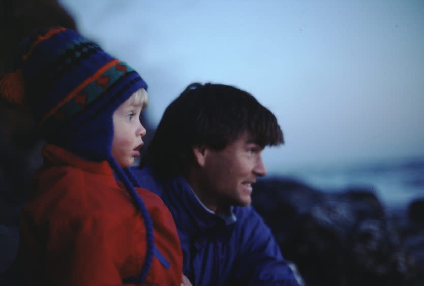 Alex Lowe (R) with his son, Max, while camping in Zion National Park, Utah - Credit: National Geographic/Jennifer Lowe-Anker