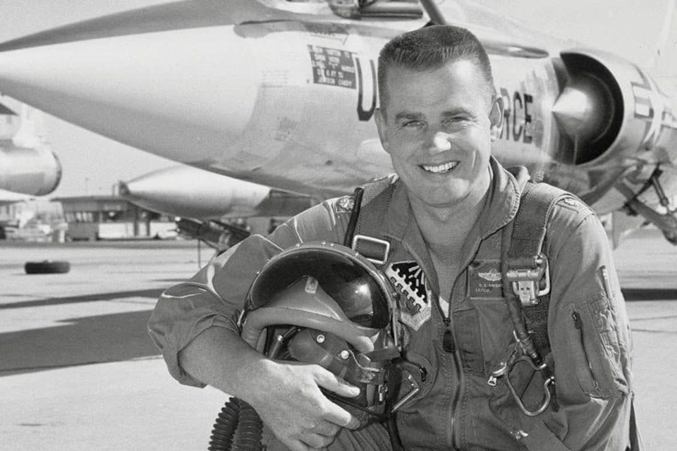 Colonel Bud Anderson with a Lockheed F-104A Starfighter while serving as a test pilot at Edwards Air Force Base after the Korean War