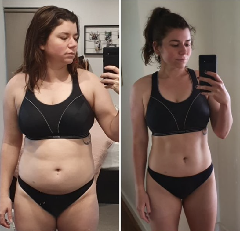 Lauren Bull before and after she lost 21kg. She wears a black sports bra and knickers in both pictures and is taking a selfie in each.