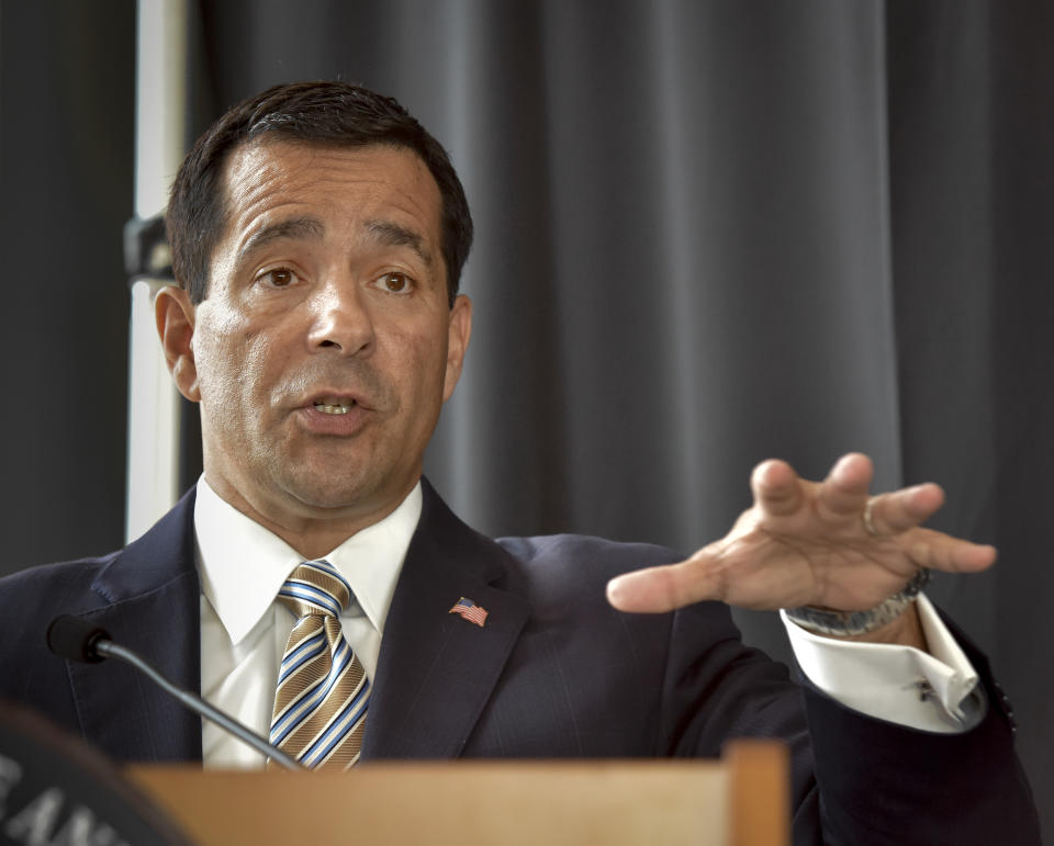 William Evanina, Director of the National Counterintelligence and Security Center, answers a reporters question before he unveils' its new "Wall of Spies Experience" museum, in Washington, DC. (Bill O'Leary/The Washington Post via Getty Images)