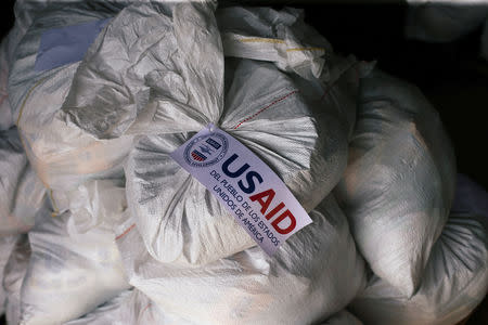 Sacks containing humanitarian aid are pictured at a warehouse near the Tienditas cross-border bridge between Colombia and Venezuela in Cucuta, Colombia February 14, 2019. REUTERS/Edgard Garrido