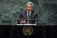 Ecuador's President Lenin Moreno Garces addresses the 73rd session of the United Nations General Assembly, at U.N. headquarters, Tuesday, Sept. 25, 2018. (AP Photo/Richard Drew)