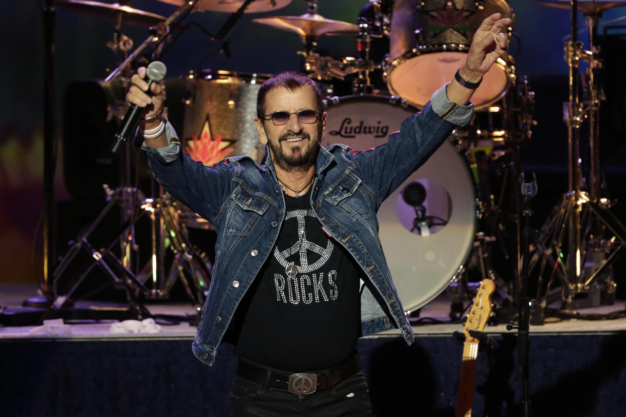 Ringo Starr plays as part of a concert celebrating the 50th anniversary of Woodstock in 2019.